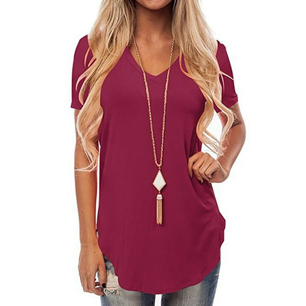 Womens Summer Casual V Neck Loose ShortSleeve Curved Hem TShirt Side Slit Blouse